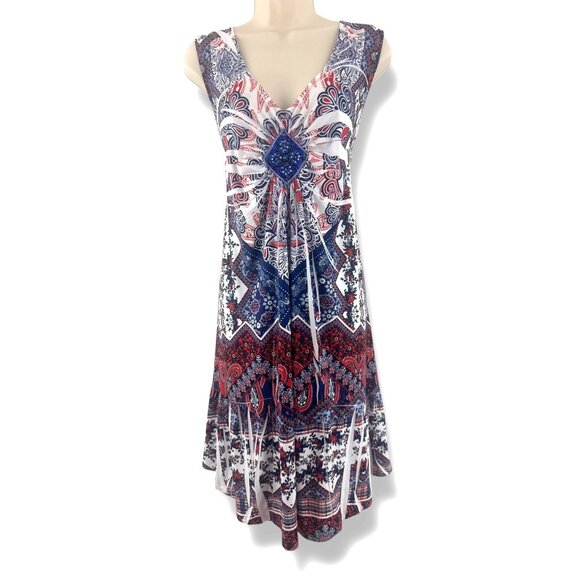 Red White Blue Abstract Sublimation Embellished Dress Size 1X 16‎ 18 Summer Plus - Picture 1 of 10